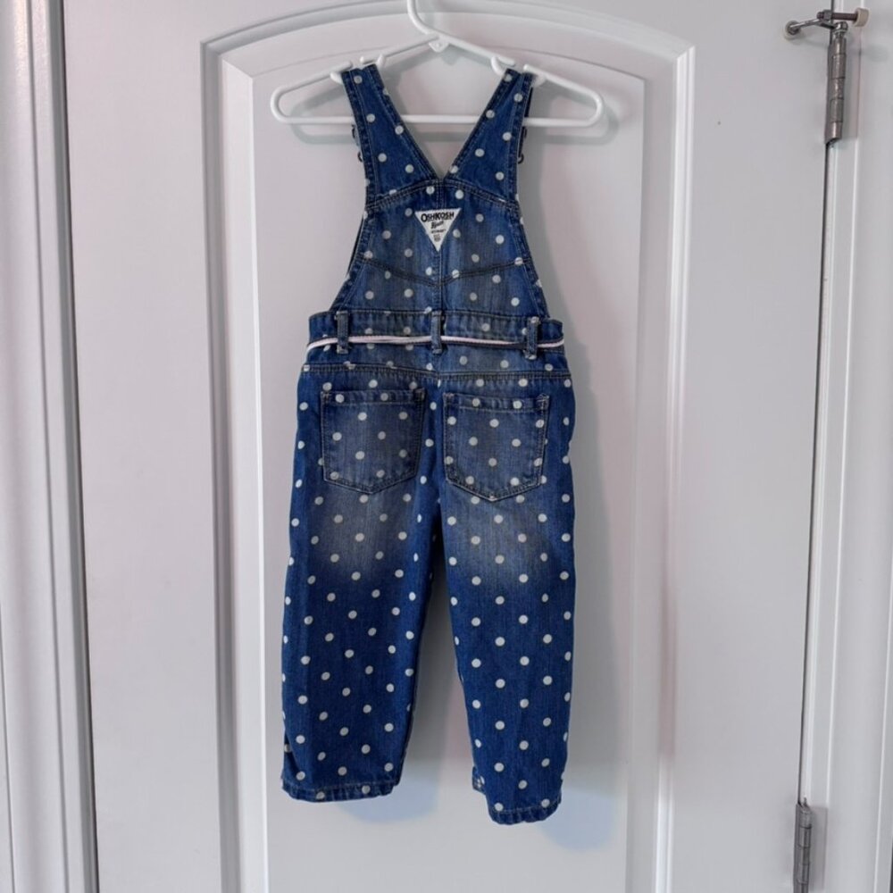 OshKosh Bgosh 18 month denim overalls w/polka dots & belt, snaps for diaper chng - Picture 5 of 6